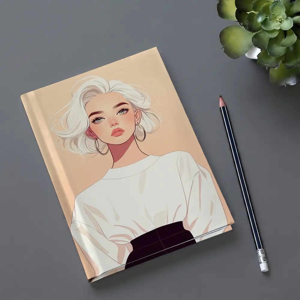 White Hair Fashion Girl Illustration Beige Background – Notebooks
