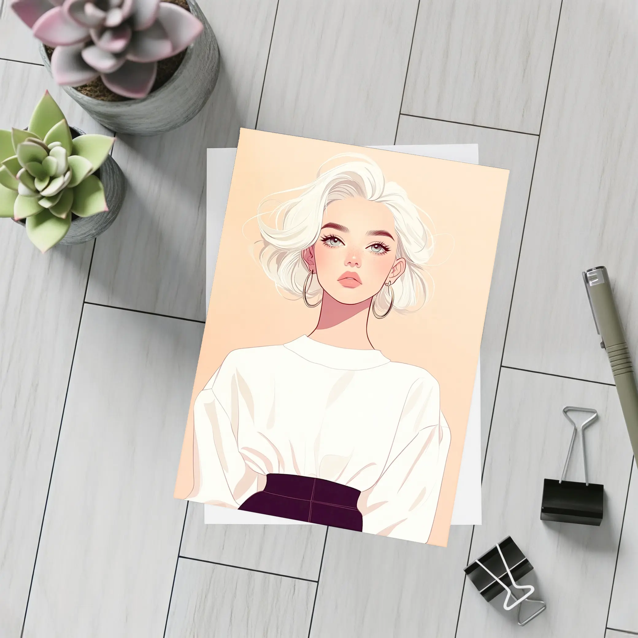 White Hair Fashion Girl Illustration Beige Background – Postcards