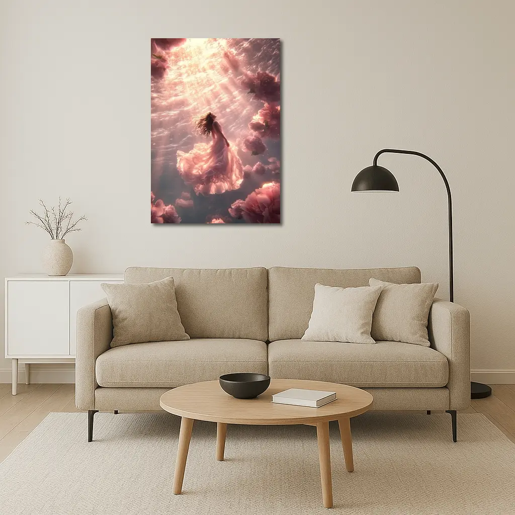 Woman Floating Underwater Pink Peonies Light – Wall Art
