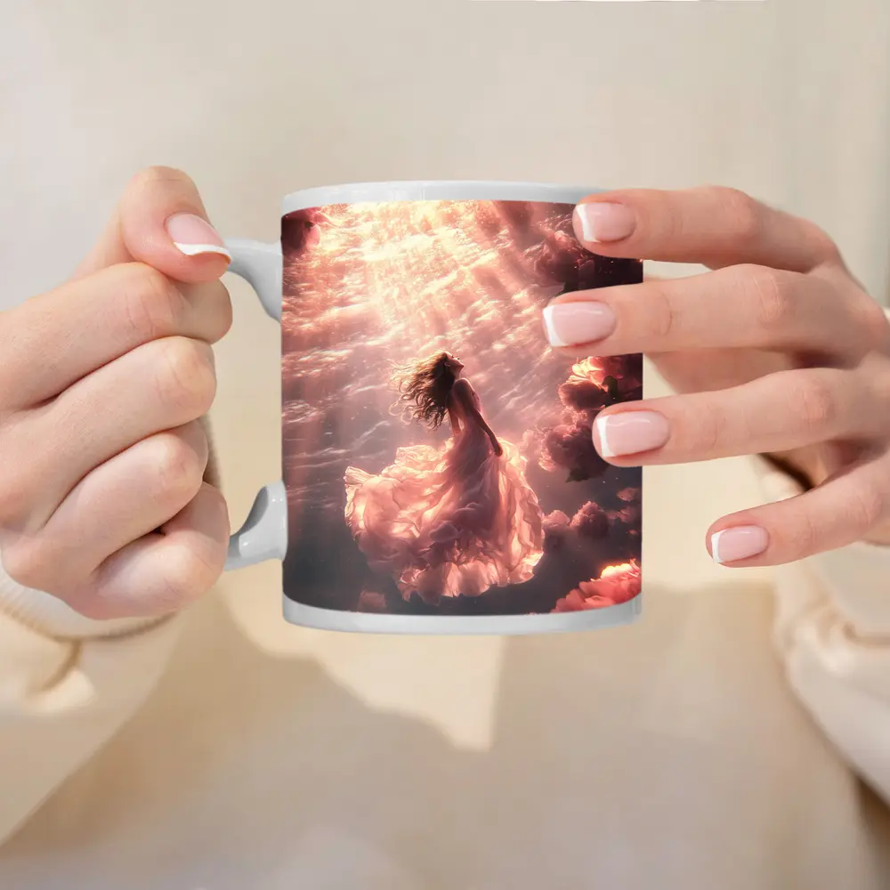 Woman Floating Underwater Pink Peonies Light – Mugs