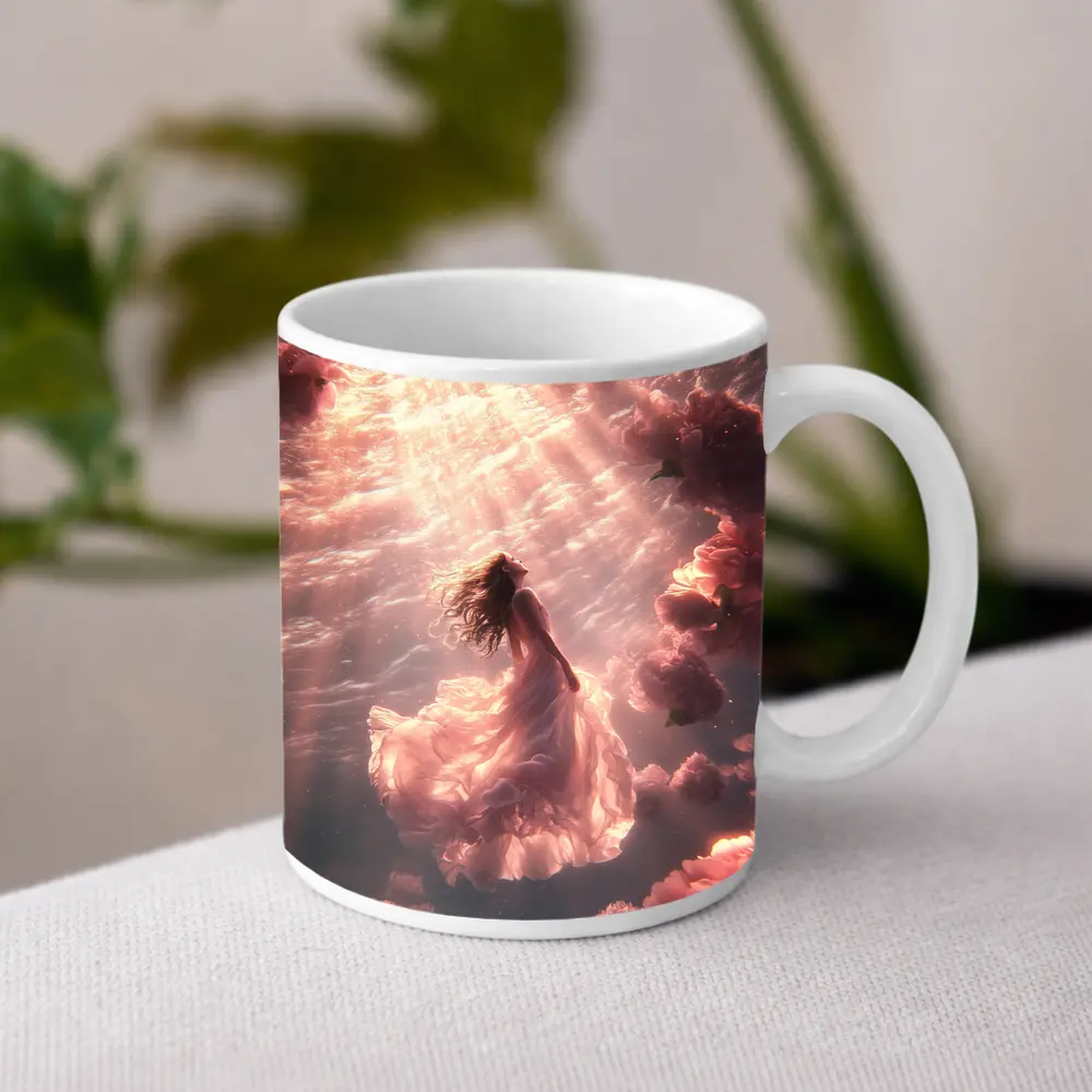 Woman Floating Underwater Pink Peonies Light – Mugs