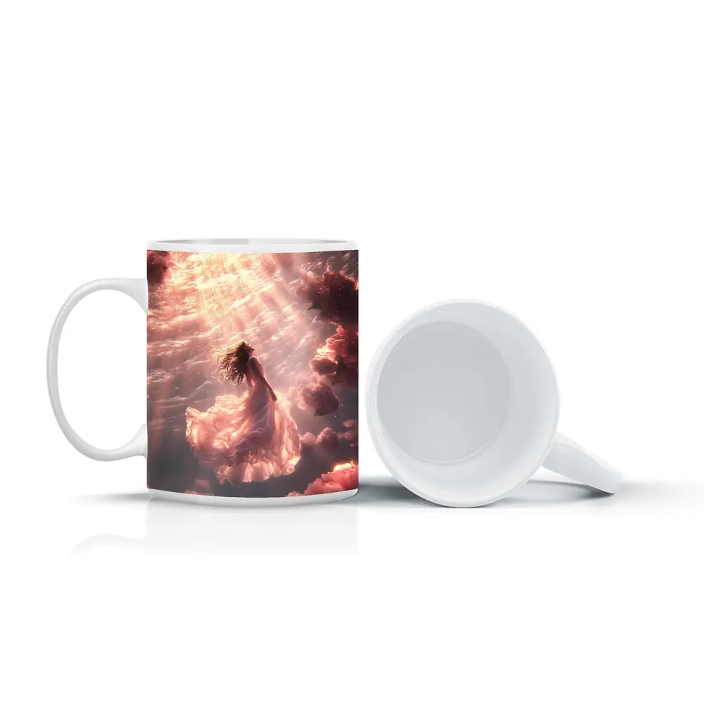 Woman Floating Underwater Pink Peonies Light – Mugs