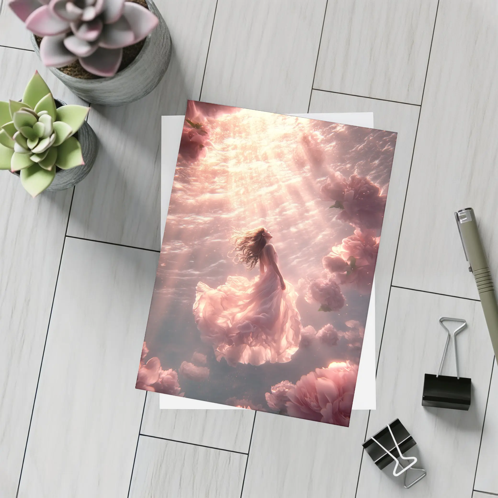 Woman Floating Underwater Pink Peonies Light – Postcards