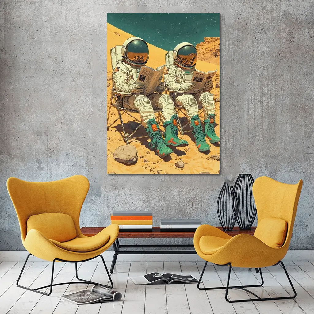 Astronauts Reading Newspapers On Mars Surface – Wall Art