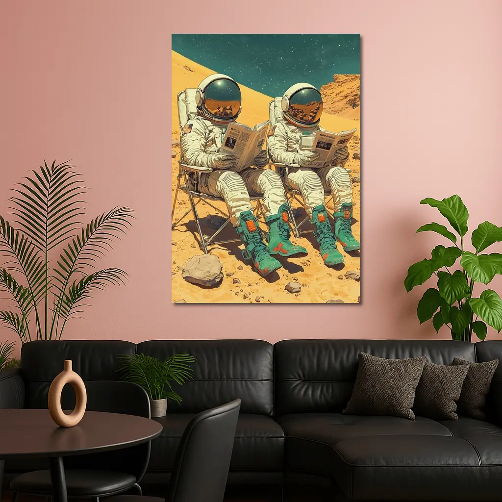 Astronauts Reading Newspapers On Mars Surface – Wall Art