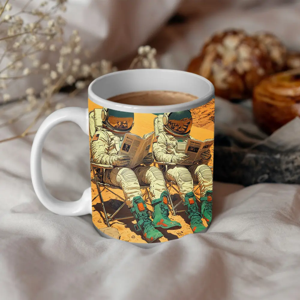 Astronauts Reading Newspapers On Mars Surface – Mugs