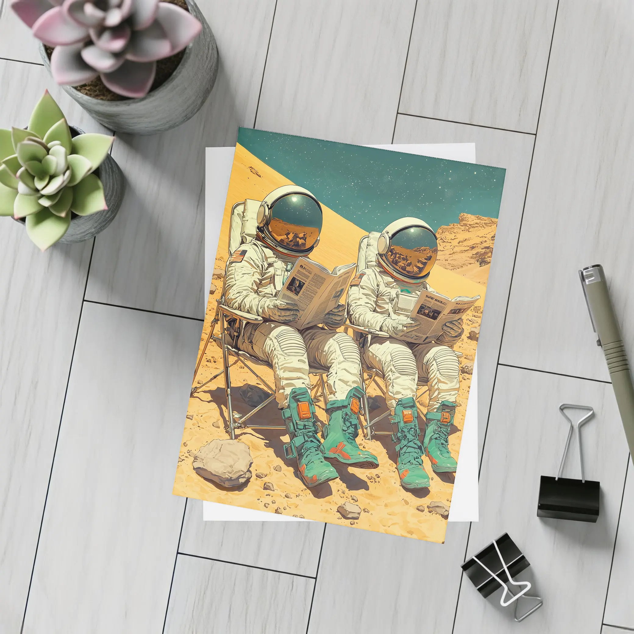 Astronauts Reading Newspapers On Mars Surface – Postcards