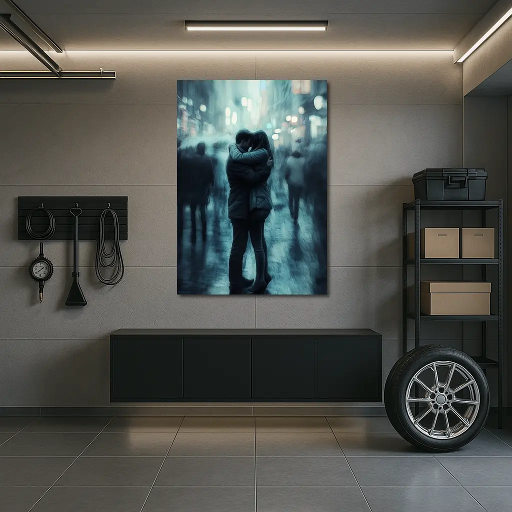 Couple Embracing in Rainy City Street – Wall Art