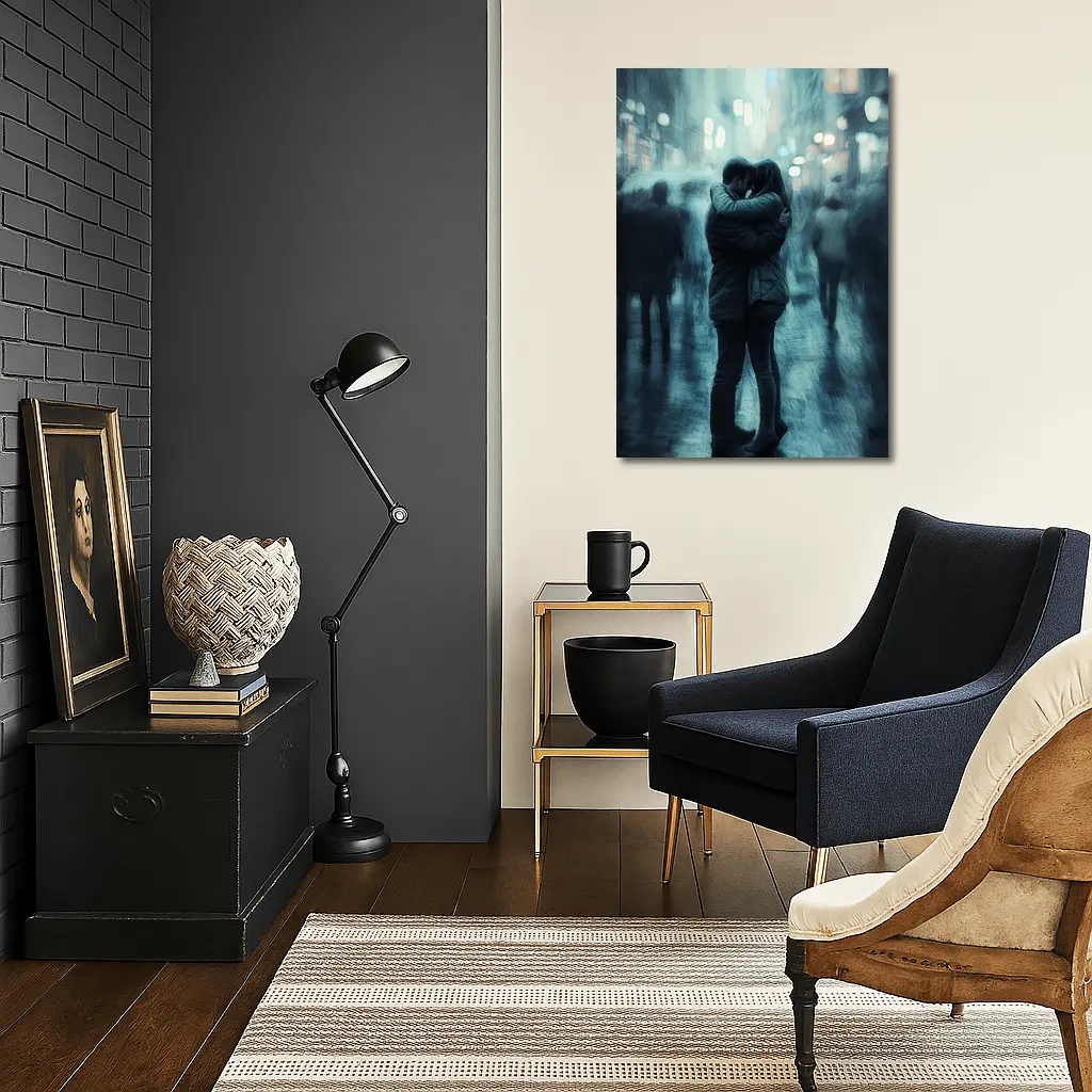 Couple Embracing in Rainy City Street – Wall Art