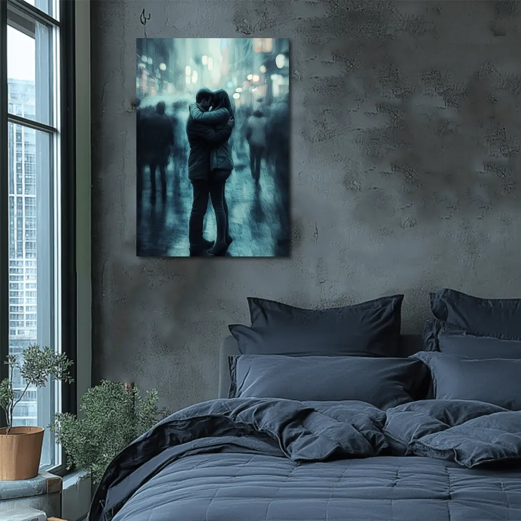 Couple Embracing in Rainy City Street – Wall Art