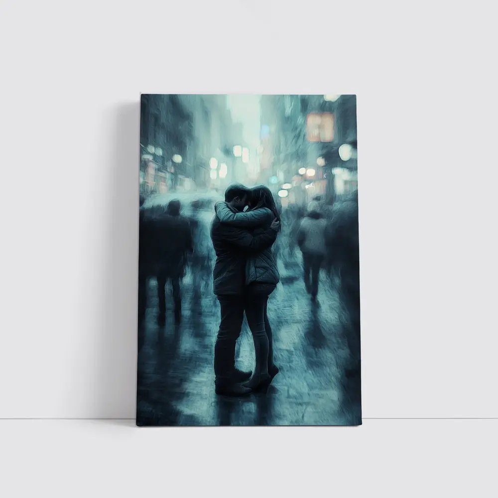Couple Embracing in Rainy City Street – Wall Art