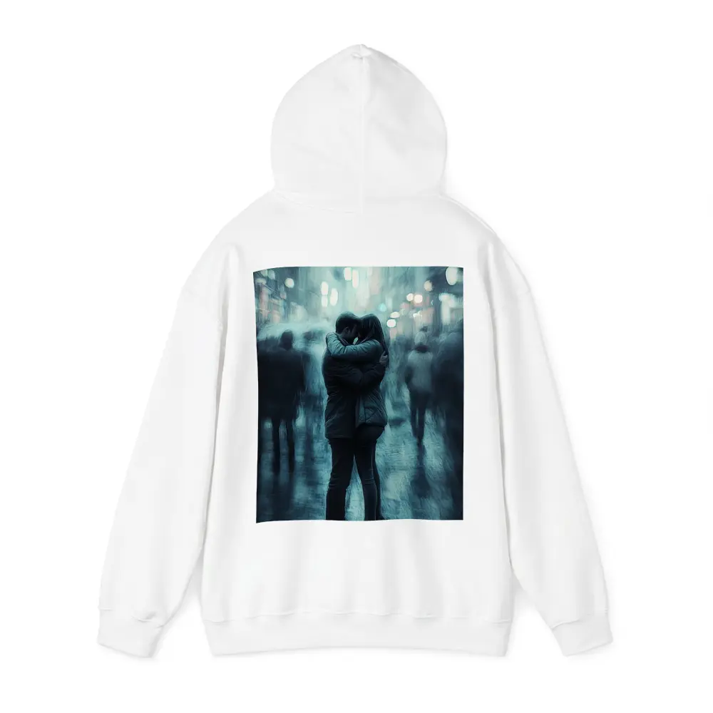 Couple Embracing in Rainy City Street – Hoodies