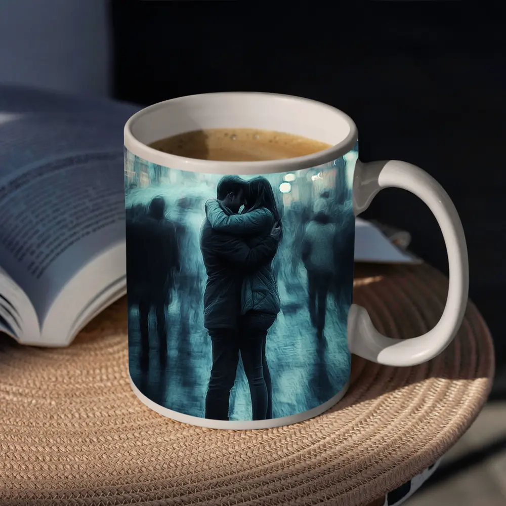 Couple Embracing in Rainy City Street – Mugs