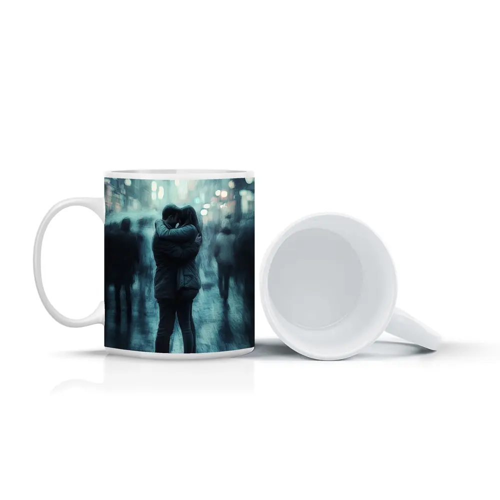 Couple Embracing in Rainy City Street – Mugs