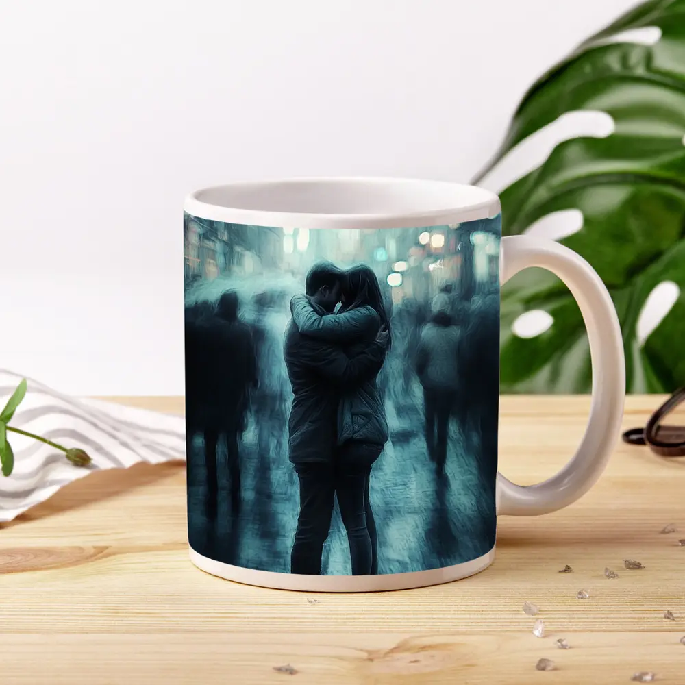 Couple Embracing in Rainy City Street – Mugs