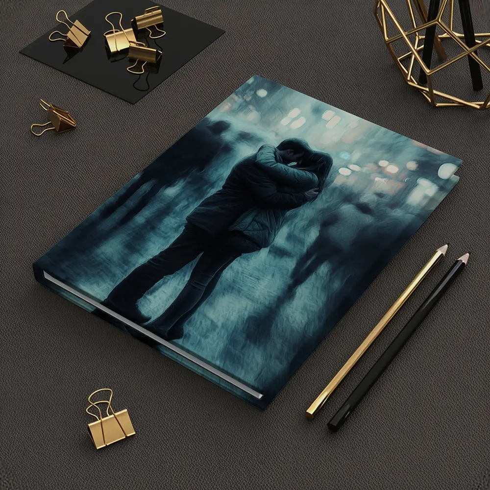 Couple Embracing in Rainy City Street – Notebooks