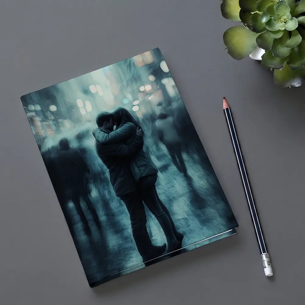 Couple Embracing in Rainy City Street – Notebooks