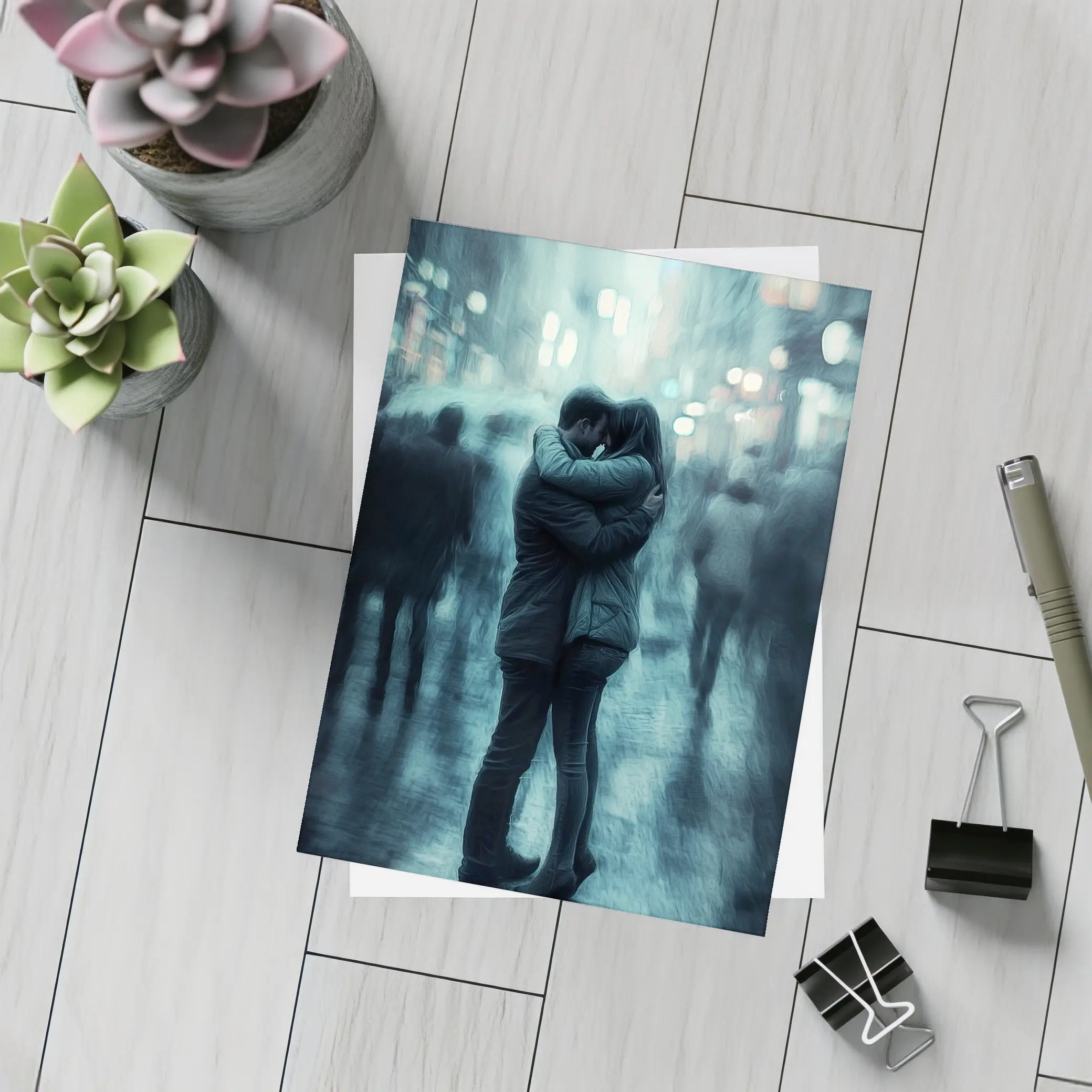 Couple Embracing in Rainy City Street – Postcards