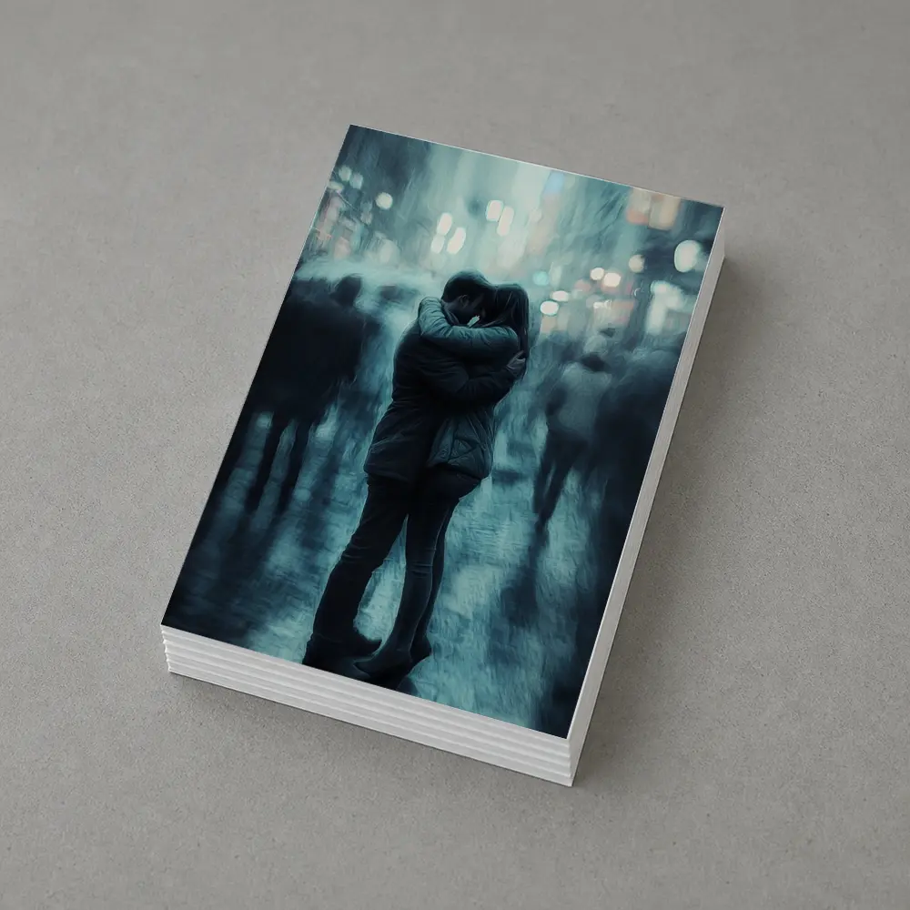 Couple Embracing in Rainy City Street – Postcards