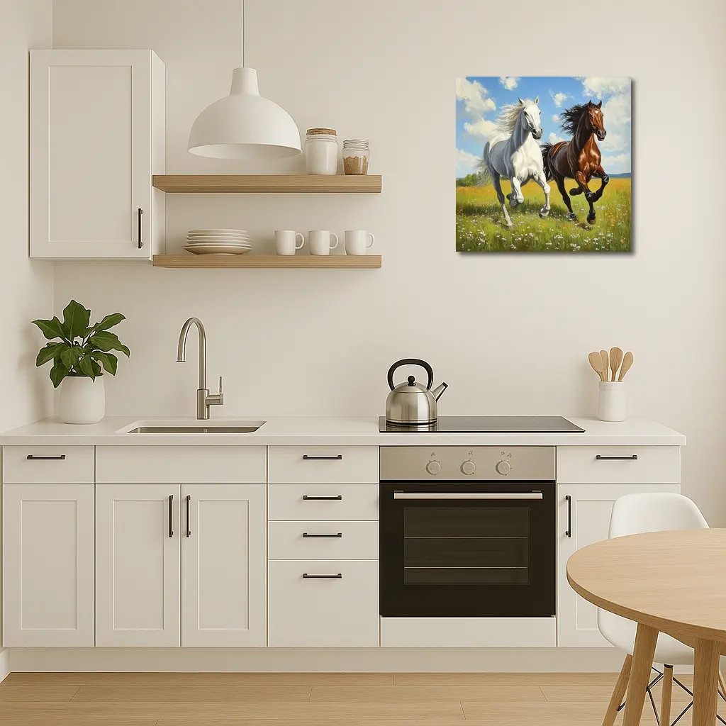 White Brown Horses Running Flower Field Painting – Wall Art