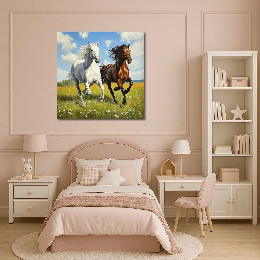White Brown Horses Running Flower Field Painting – Wall Art