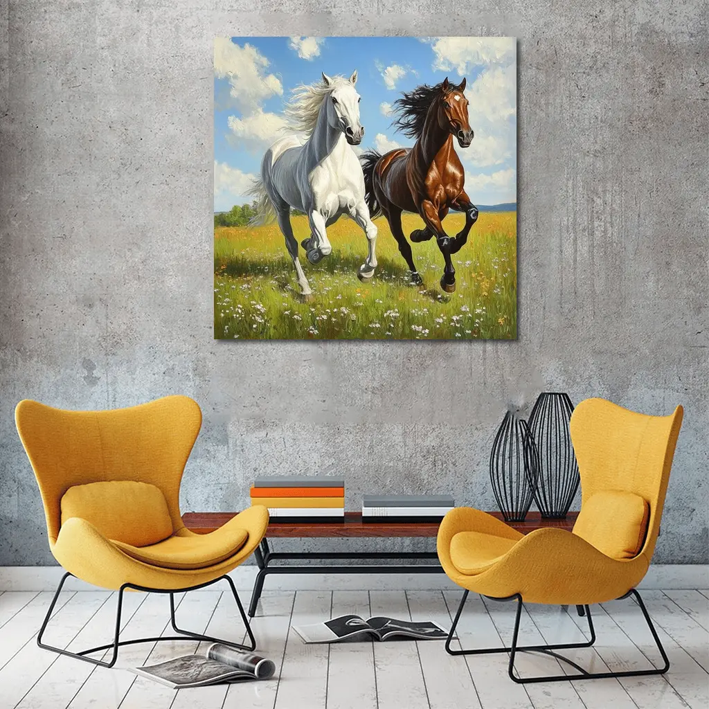 White Brown Horses Running Flower Field Painting – Wall Art