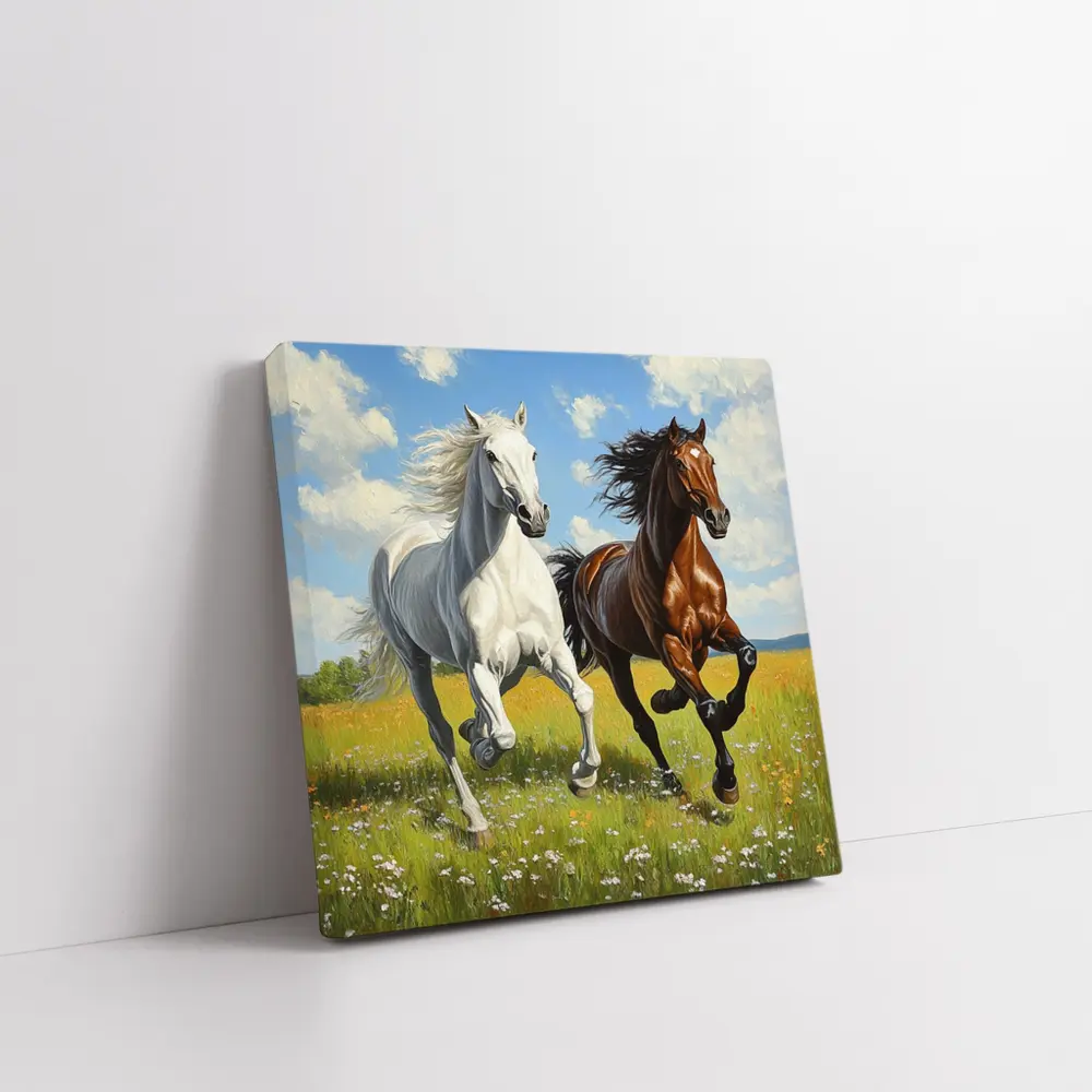 White Brown Horses Running Flower Field Painting – Wall Art