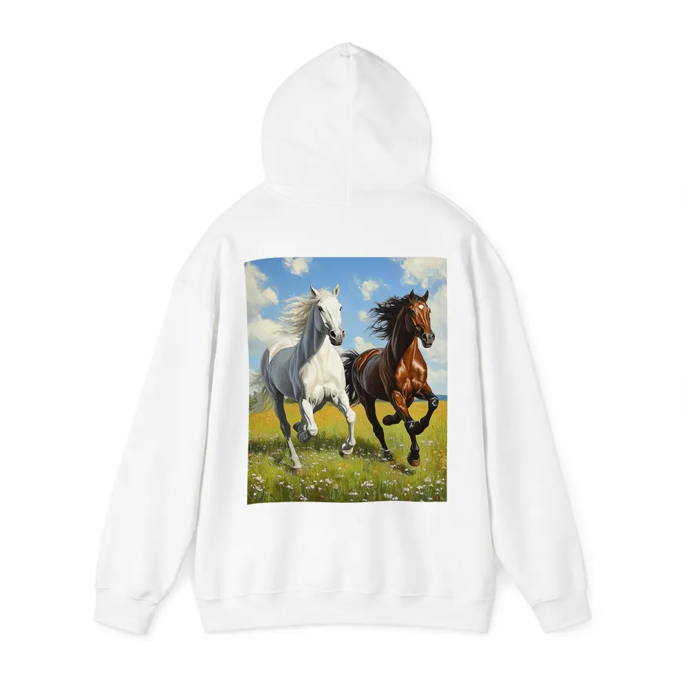 White Brown Horses Running Flower Field Painting – Hoodies