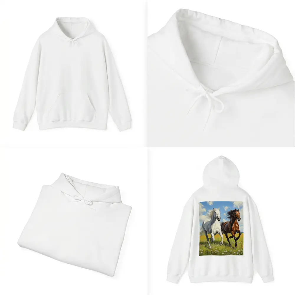 White Brown Horses Running Flower Field Painting – Hoodies