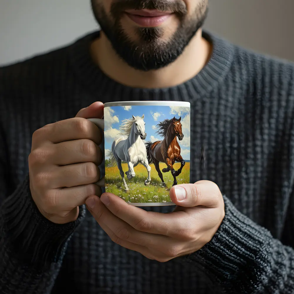 White Brown Horses Running Flower Field Painting – Mugs