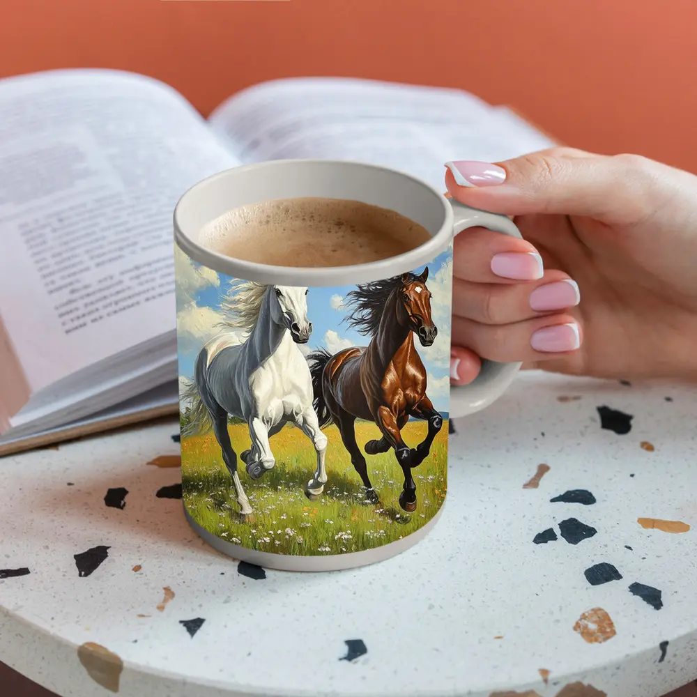 White Brown Horses Running Flower Field Painting – Mugs