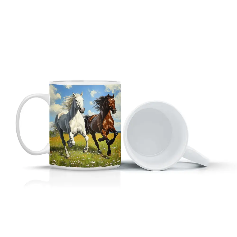 White Brown Horses Running Flower Field Painting – Mugs