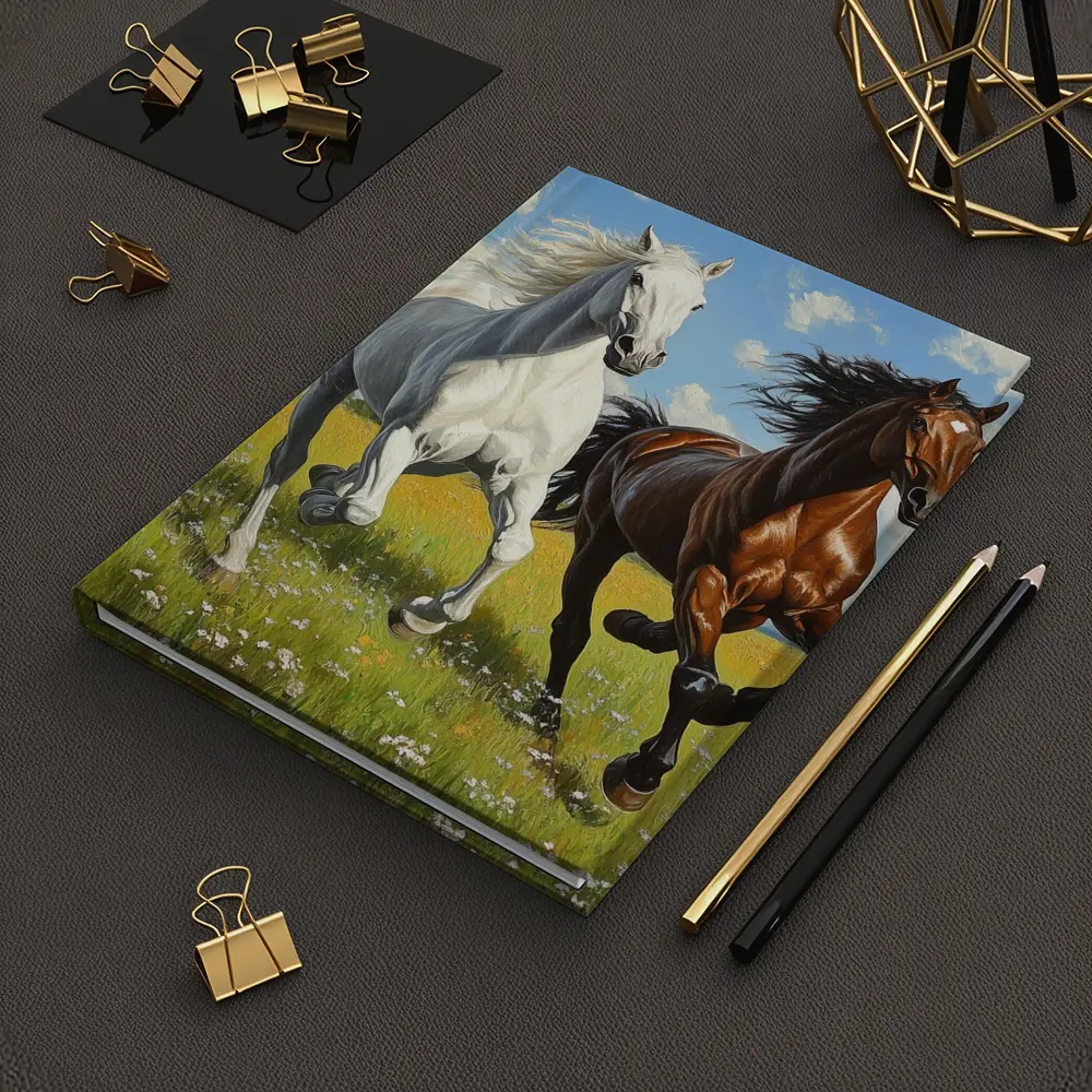 White Brown Horses Running Flower Field Painting – Notebooks