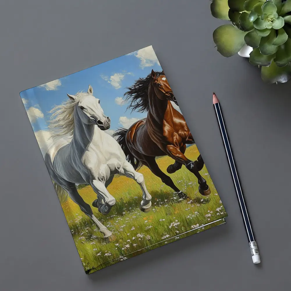 White Brown Horses Running Flower Field Painting – Notebooks