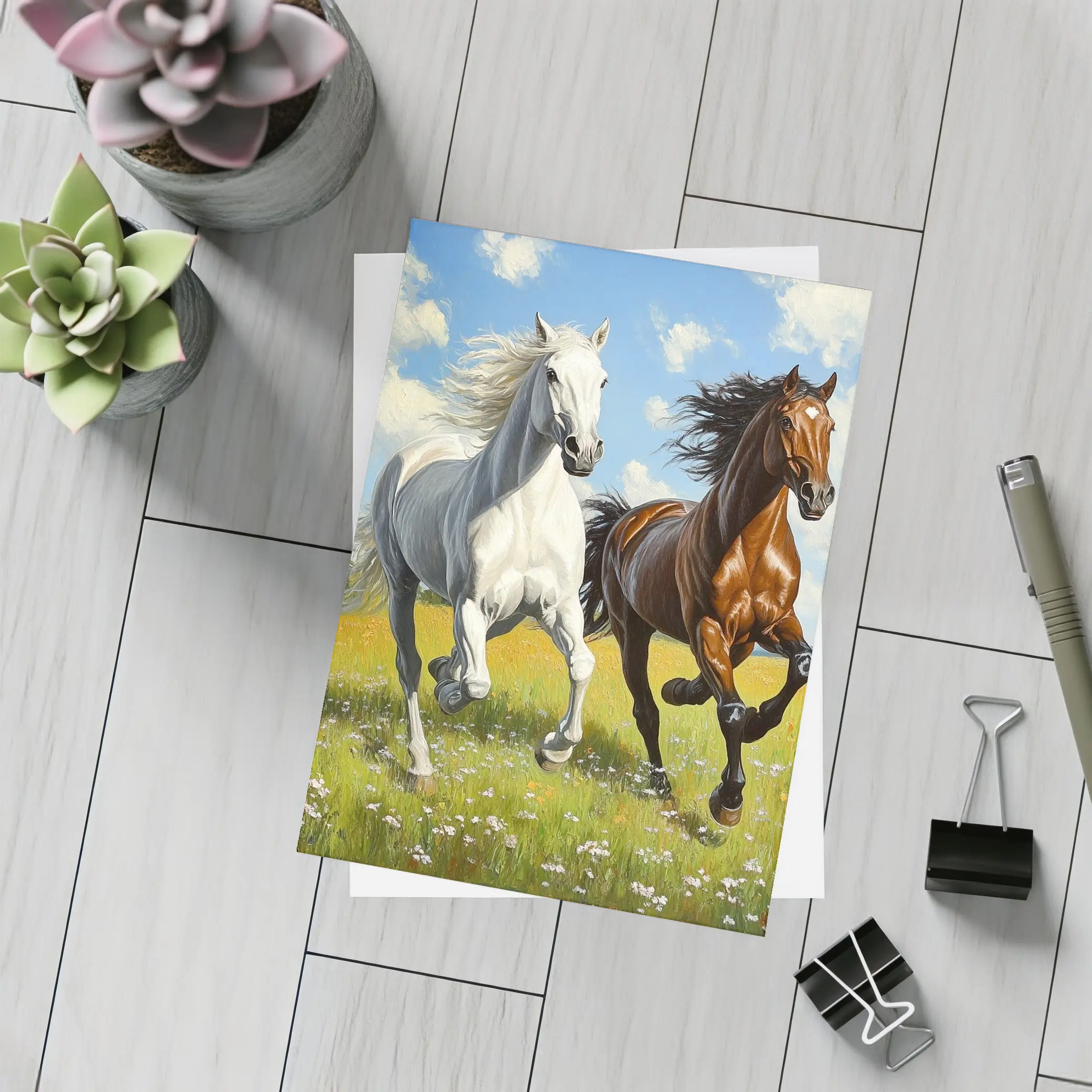 White Brown Horses Running Flower Field Painting – Postcards
