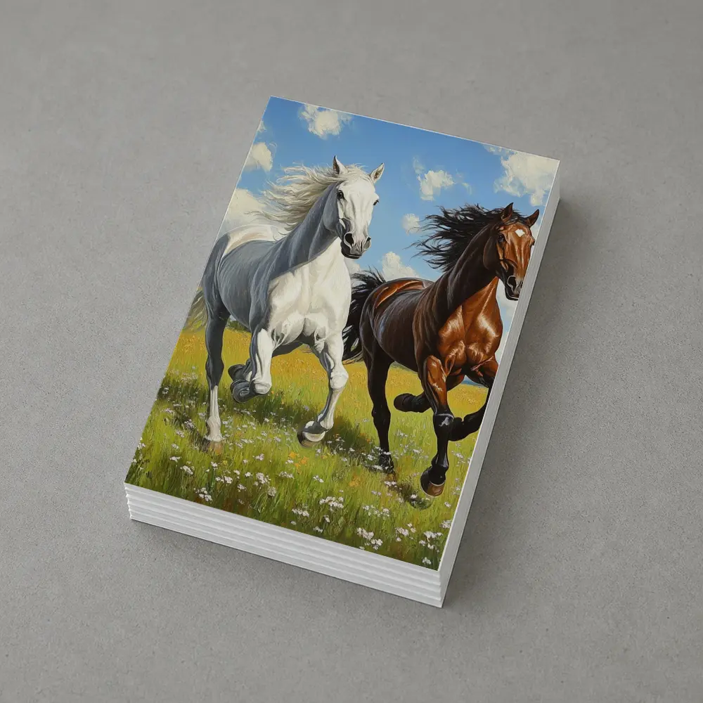 White Brown Horses Running Flower Field Painting – Postcards