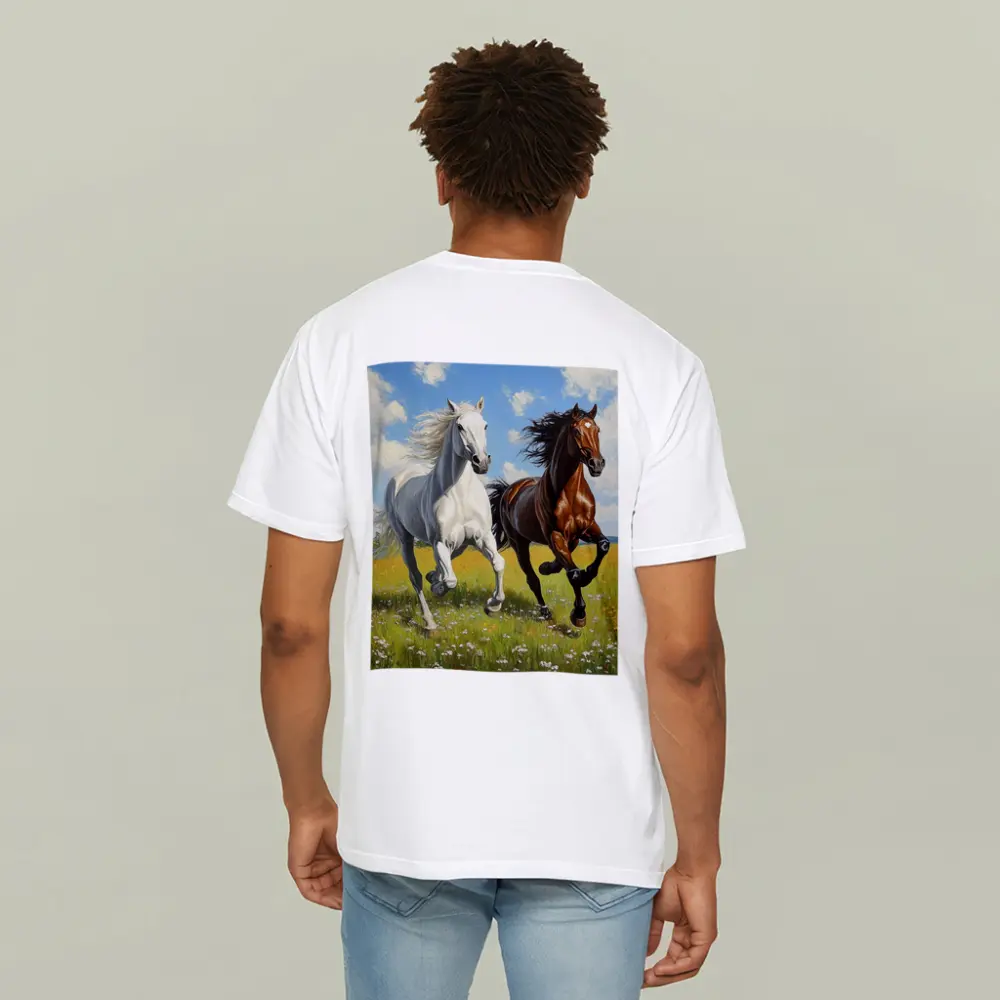 White Brown Horses Running Flower Field Painting – T-Shirts