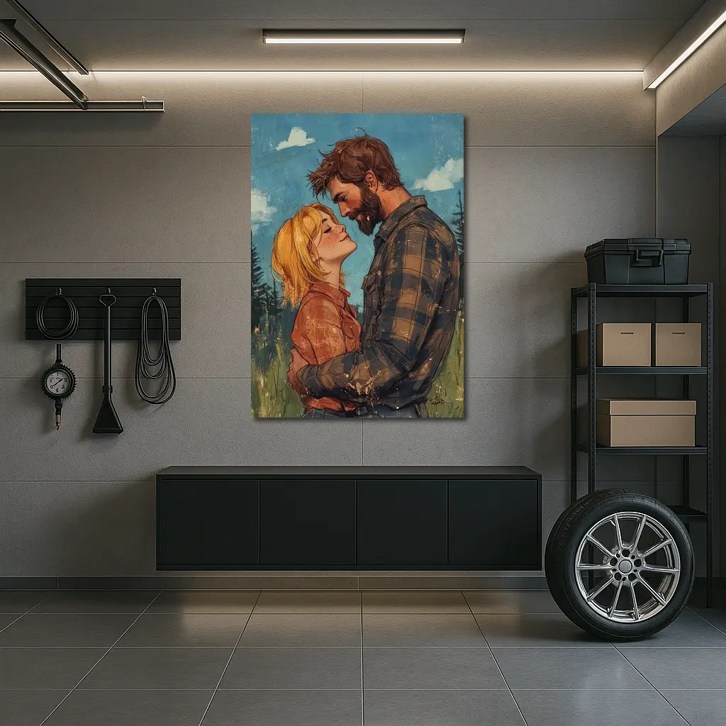 Couple Embracing Meadow Comic Art Style – Wall Art
