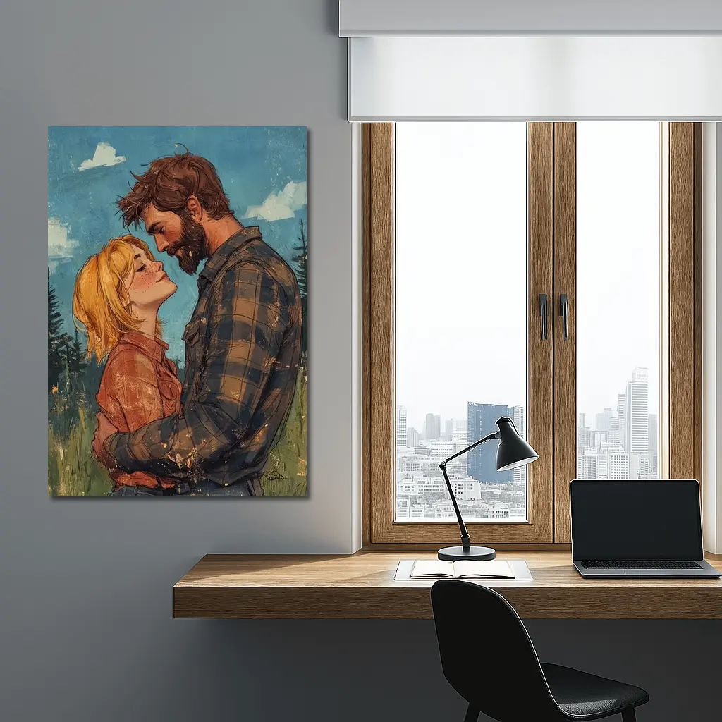 Couple Embracing Meadow Comic Art Style – Wall Art