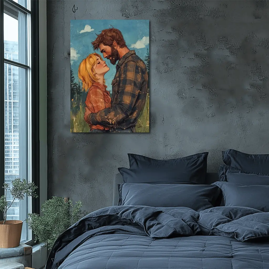 Couple Embracing Meadow Comic Art Style – Wall Art