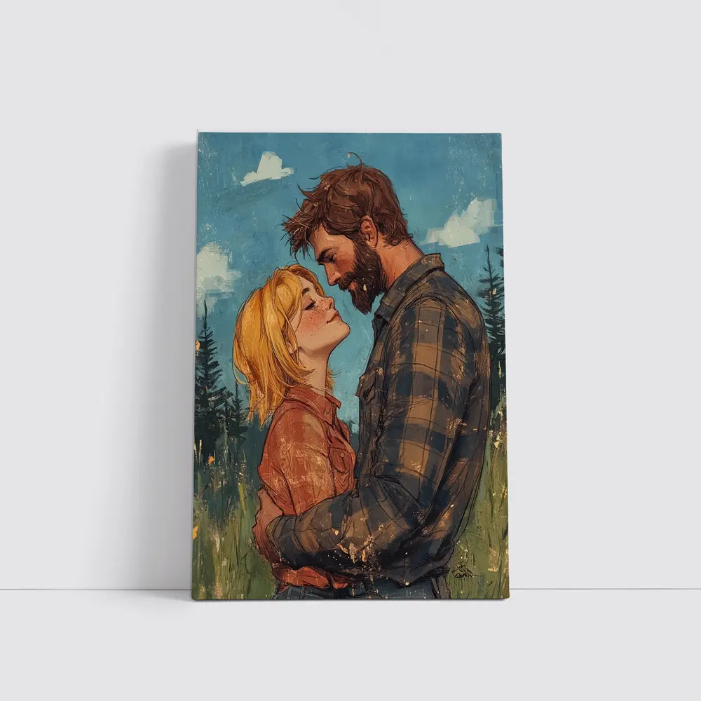 Couple Embracing Meadow Comic Art Style – Wall Art