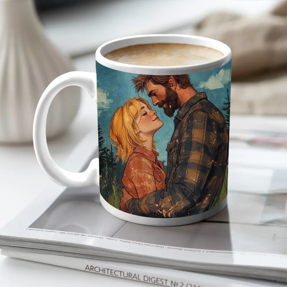 Couple Embracing Meadow Comic Art Style – Mugs