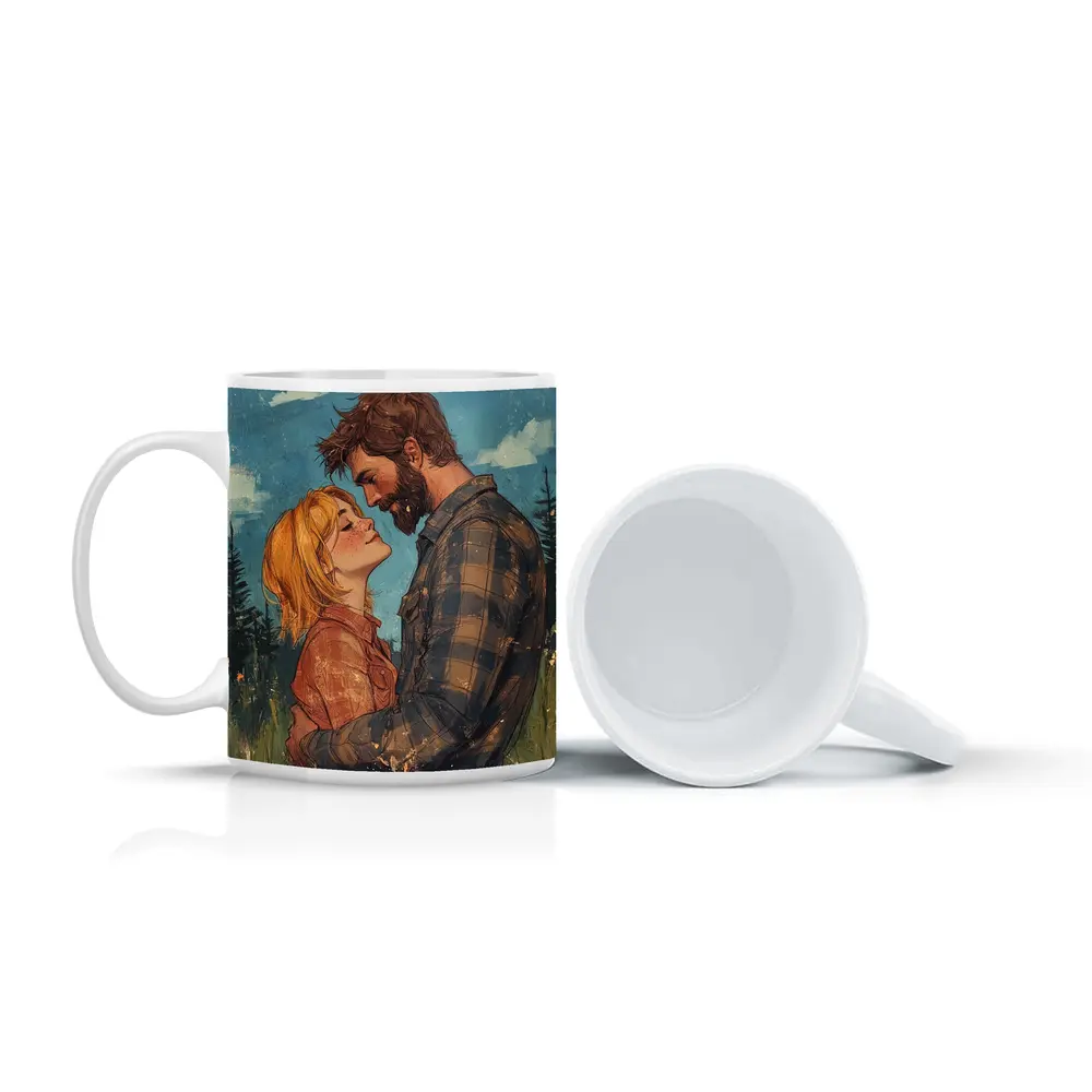 Couple Embracing Meadow Comic Art Style – Mugs