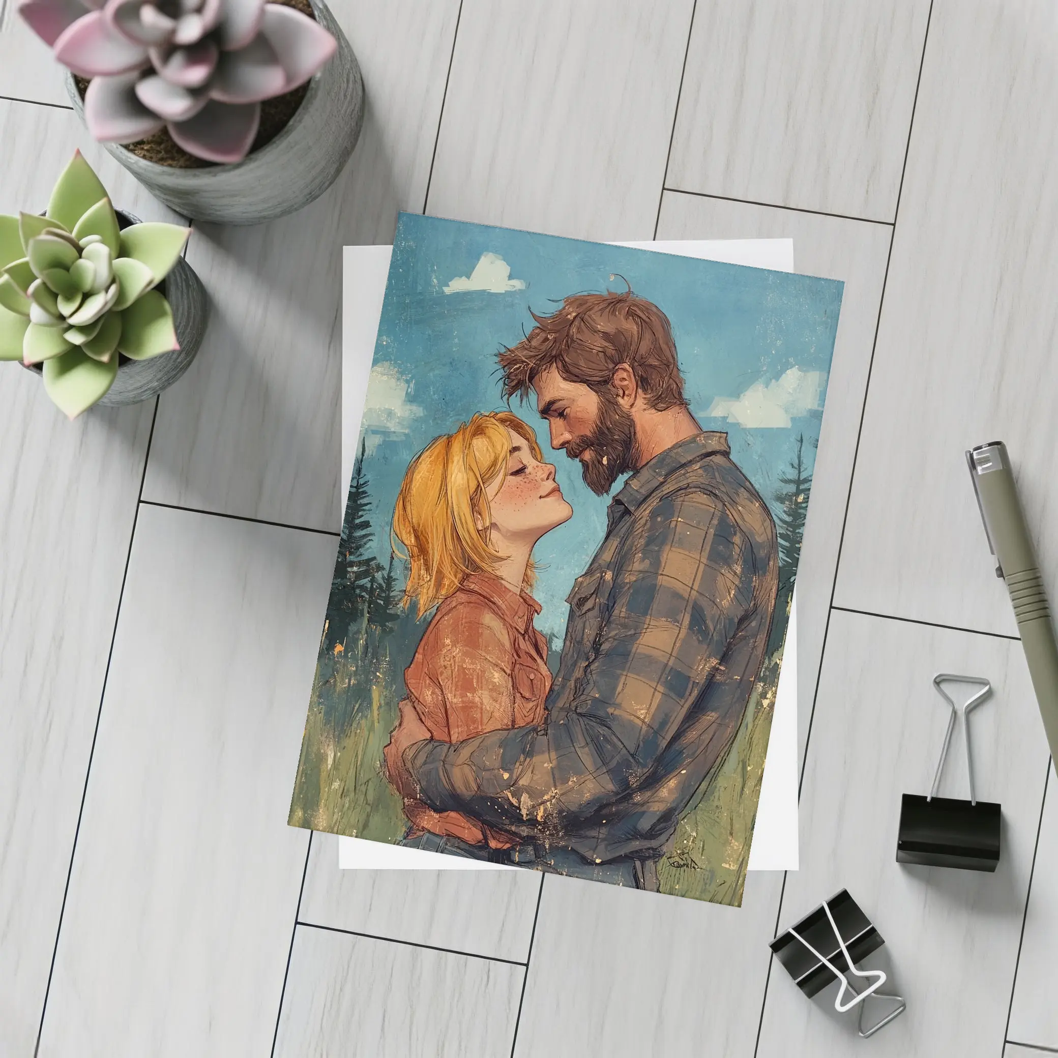 Couple Embracing Meadow Comic Art Style – Postcards