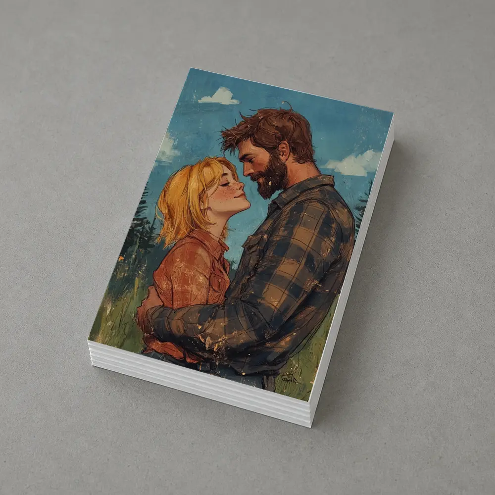 Couple Embracing Meadow Comic Art Style – Postcards