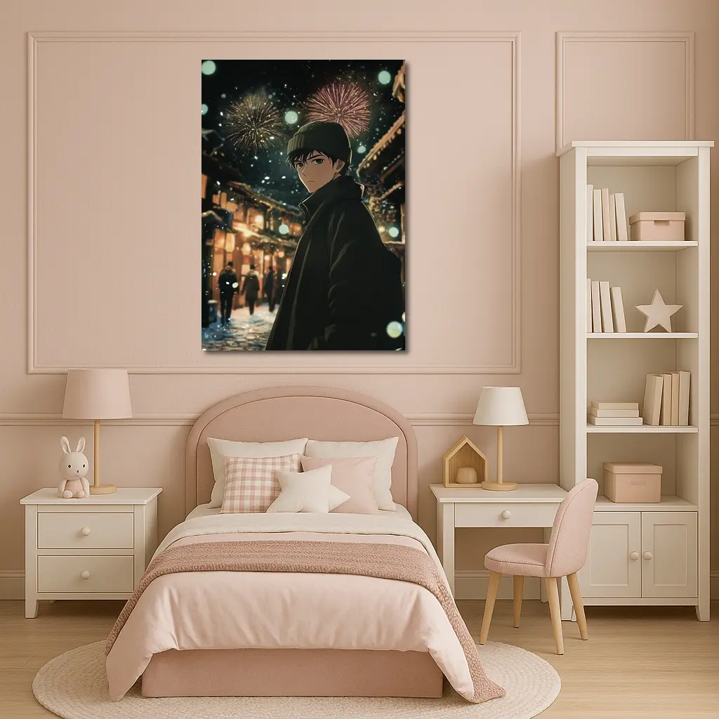 Anime Boy Winter Night Fireworks Street – Wall Art