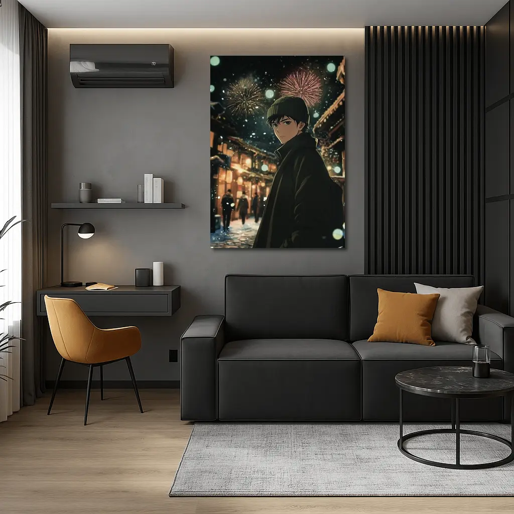 Anime Boy Winter Night Fireworks Street – Wall Art