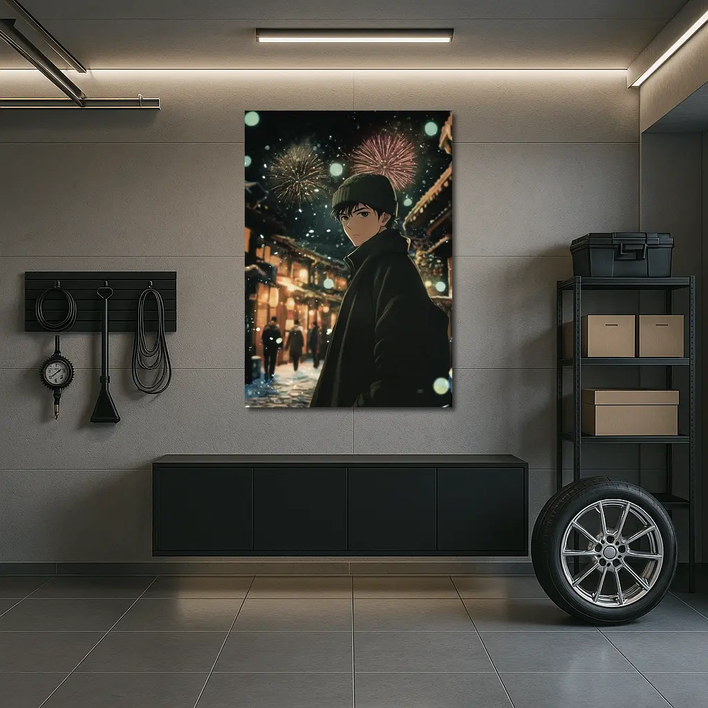 Anime Boy Winter Night Fireworks Street – Wall Art