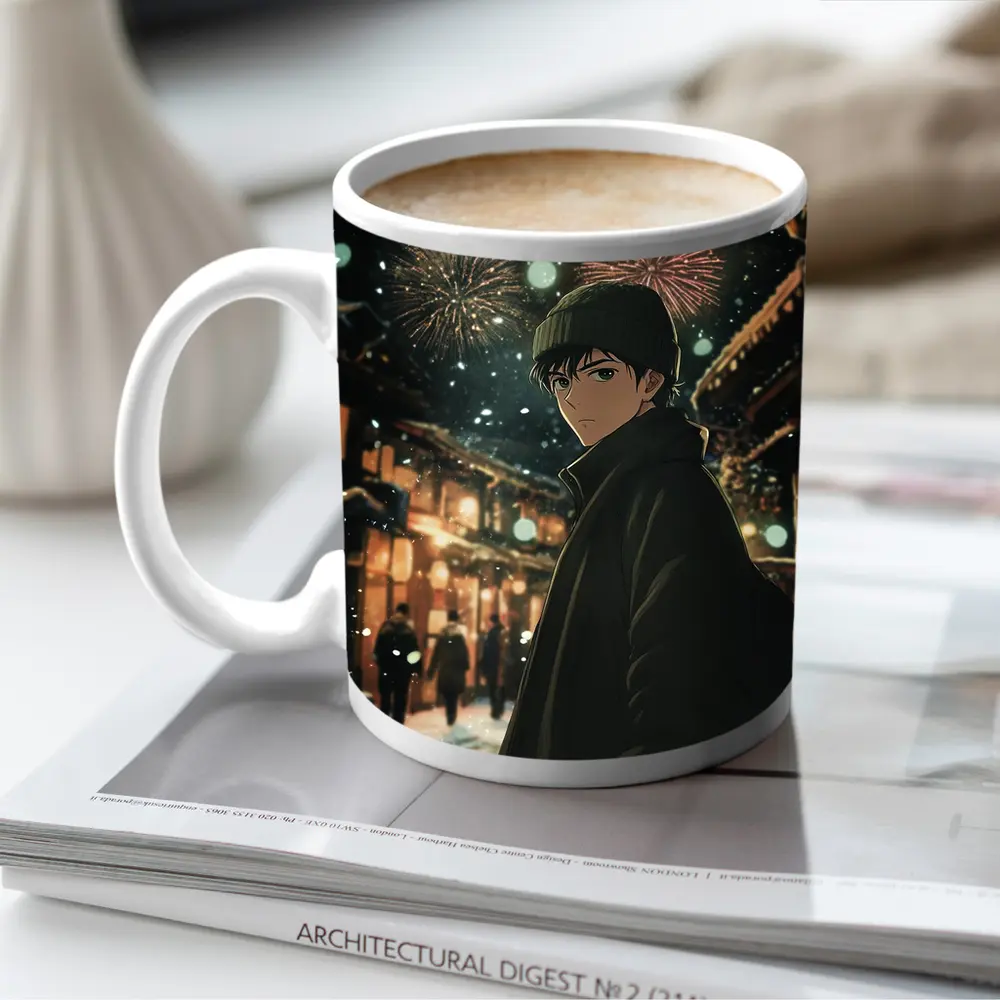 Anime Boy Winter Night Fireworks Street – Mugs