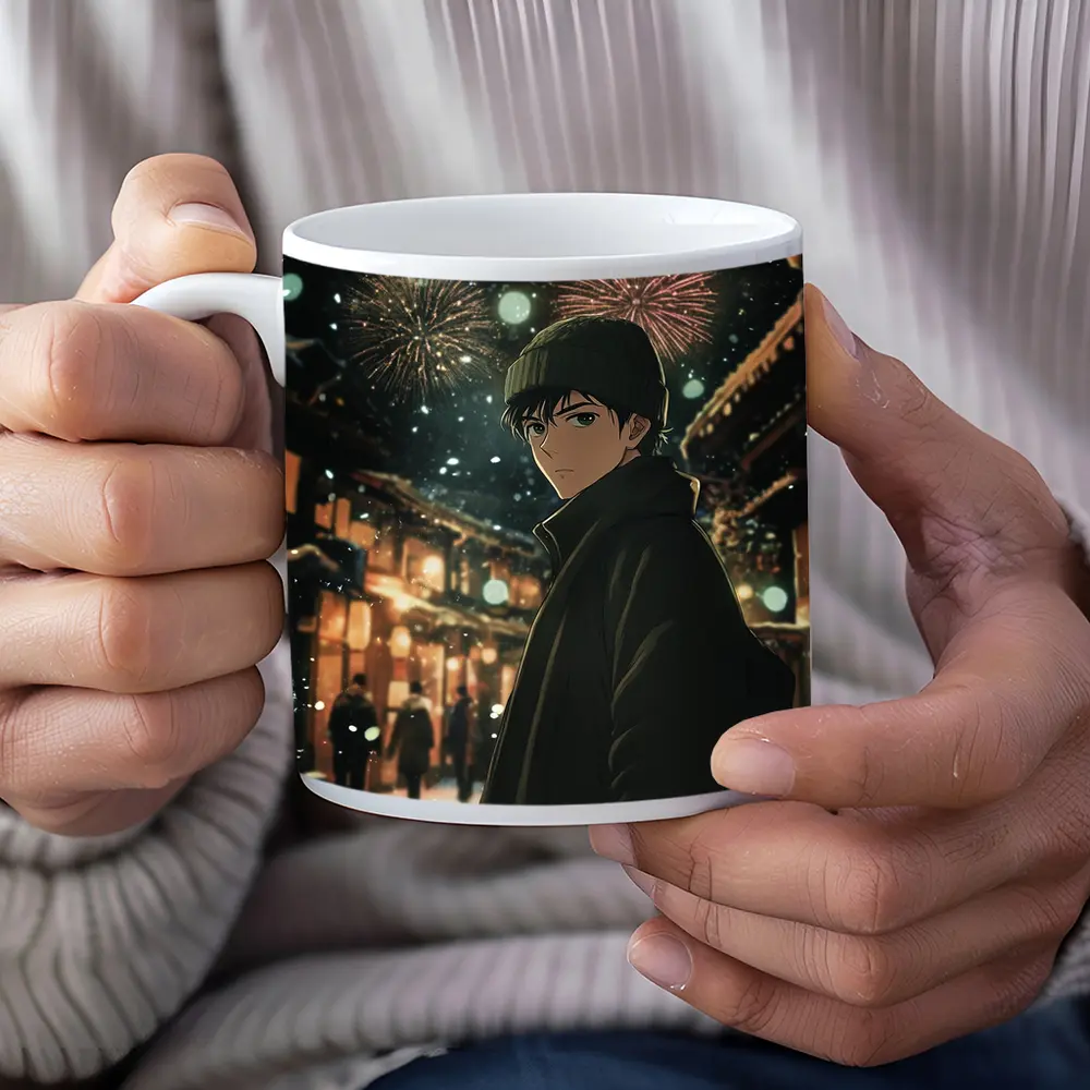 Anime Boy Winter Night Fireworks Street – Mugs